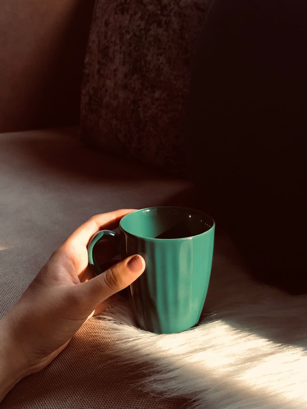 A hand holding a green ceramic mug on soft faux fur, bathed in warm sunlight.